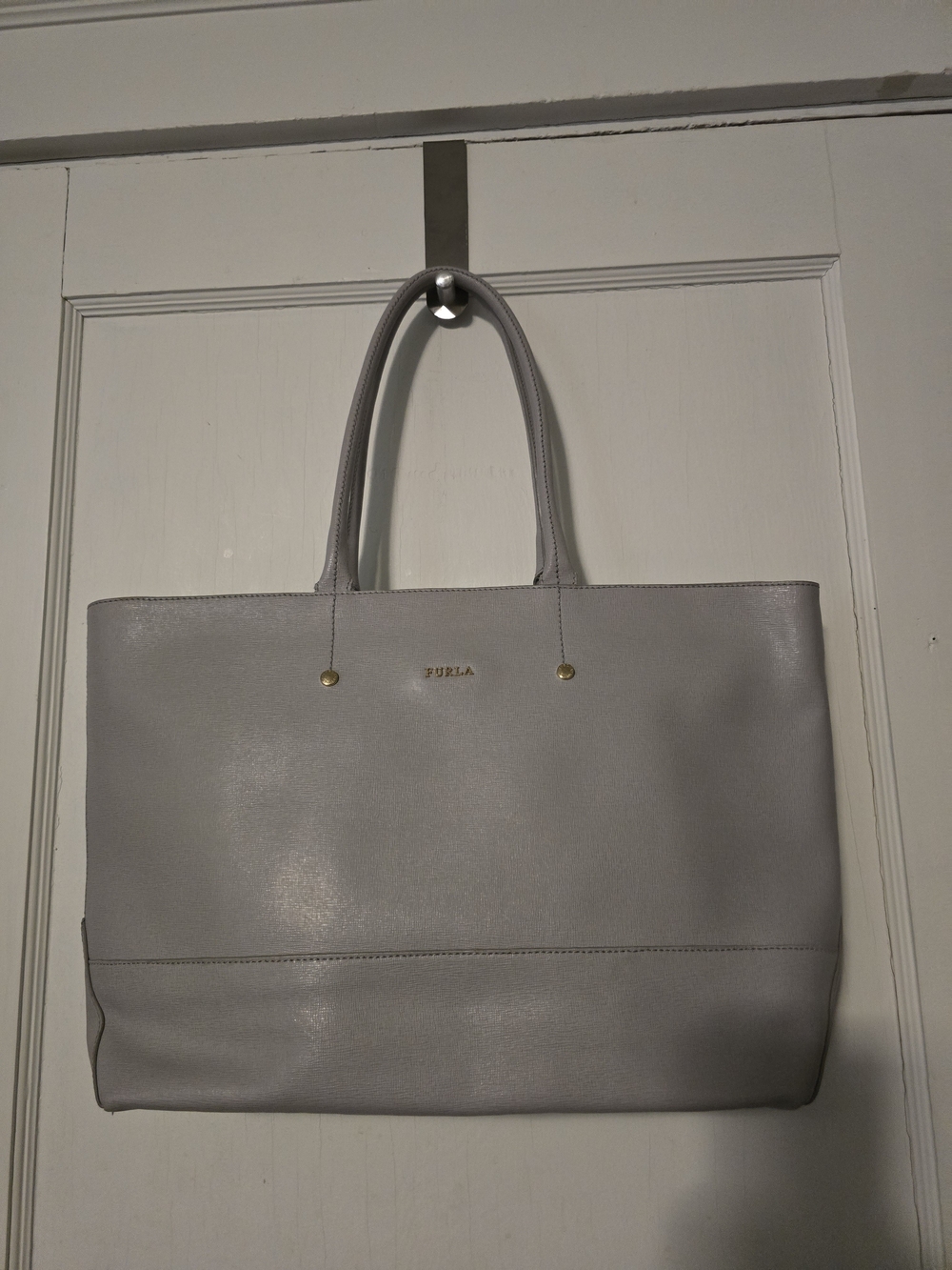 Furla Light Gray Saffiano Leather Zip Tote Double Shoulder Handle Everyday Bag